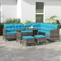 Outsunny 6pcs Outdoor Rattan Sofa Set Garden Wicker Sectional Couch Furniture Set with Dining Table and Chair Sky Blue(m-8)
