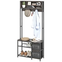 HOMCOM Hall Tree with Bench and Shoe Storage, 5-in-1 Entryway Bench with Coat Rack, 3 Storage Shelves, 2 Fabric Drawers, Gray(m-1)