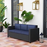 Outsunny Deluxe 3 Seat Rattan Wicker Sofa Garden Outdoor Patio Furniture with Cushion, Navy Blue