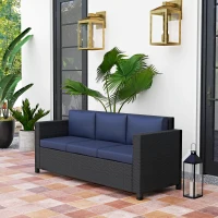 Outsunny Deluxe 3 Seat Rattan Wicker Sofa Garden Outdoor Patio Furniture with Cushion, Navy Blue(m-1)
