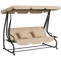 Outsunny 3-Seat Outdoor Patio Swing Chair, Converting Flat Bed, Canopy Swing with Adjustable Shade, Removable Cushions, Cup Holder, Light Brown(m-11)
