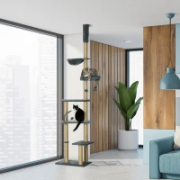 PawHut Floor to Ceiling Cat Tree, 90.5" - 98.5" Cat Tower with Scratching Post, Dangling Balls, Platforms, Bed, Hammock, Grey(m-8)