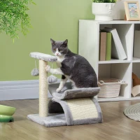 PawHut 17" Small Cat Tree with Scratching Post, Cat Tower with Rotatable Top Pole, Platform, 2 Dangling Balls, Light Grey(m-1)