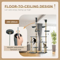 PawHut Floor to Ceiling Cat Tree, 90.5" - 98.5" Cat Tower with Scratching Post, Dangling Balls, Platforms, Bed, Hammock, Grey(m-5)