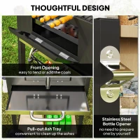 Outsunny Charcoal BBQ Grill with 245 sq. in. Cooking Area, Adjustable Charcoal Pan, 3 Shelves, Thermometer, Black(m-8)