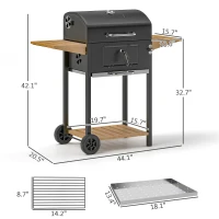 Outsunny Charcoal BBQ Grill with 245 sq. in. Cooking Area, Adjustable Charcoal Pan, 3 Shelves, Thermometer, Black(m-3)