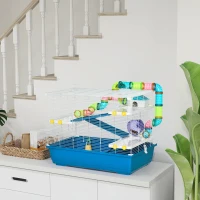 PawHut 31" Large Hamster Cage, Small Animal House, Multi-storey Gerbil Haven, Tunnel Tube System, with Water Bottle, Exercise Wheel, Food Dish, Ramps, Blue(m-8)