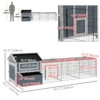 PawHut 11' x 5' x 3.5' Chicken Coop Wooden with Run, Nesting Boxes Slide-out Tray, Perches for 2-4 Chickens, Dark Grey(m-3)