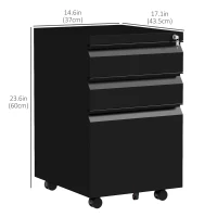 Vinsetto 3 Drawer File Cabinet with Lock, Steel Vertical Filing Cabinet with 5 Wheels and Hanging Bar for A4/Legal/Letter Size Files, Printer Stand with Pre-Assembled Body, Black(m-3)