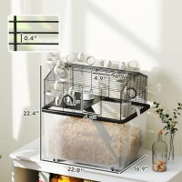 PawHut 2 Tier Hamster Cage with 12" Deep Tray, Tube System, Water Bottle, Ramp, Feeding Bowl, 23" x 17" x 22", Black(m-3)