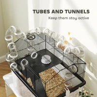 PawHut 2 Tier Hamster Cage with 12" Deep Tray, Tube System, Water Bottle, Ramp, Feeding Bowl, 23" x 17" x 22", Black(m-6)
