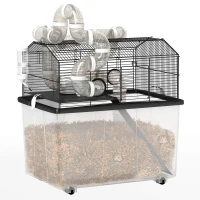 PawHut 2 Tier Hamster Cage with 12" Deep Tray, Tube System, Water Bottle, Ramp, Feeding Bowl, 23" x 17" x 22", Black(m-11)
