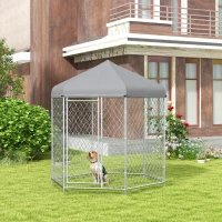 PawHut 6.9' x 6.1' x 7' Outdoor Dog Kennel Dog Run with Waterproof, UV Resistant Cover for Medium Large Sized Dogs, Silver(m-1)