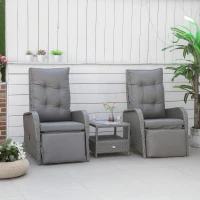 Outsunny 3 Pieces Patio Wicker Bistro Set, PE Rattan Coffee Table & Adjustable Recline Chairs Furniture Set with Cushions and Wood Grain Plastic Top, Grey(m-8)
