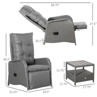 Outsunny 3 Pieces Patio Wicker Bistro Set, PE Rattan Coffee Table & Adjustable Recline Chairs Furniture Set with Cushions and Wood Grain Plastic Top, Grey(m-3)
