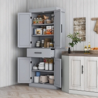 HOMCOM 72" Kitchen Storage Cabinet, Farmhouse Kitchen Pantry Cabinet with 4 Barn Doors, Drawer, Adjustable Shelves, Grey