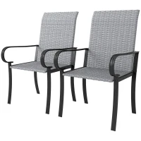 Outsunny Set of 2 Outdoor Wicker Dining Chairs with Armrest, Steel Frame, High Back and Deep Seating, Gray(m-1)