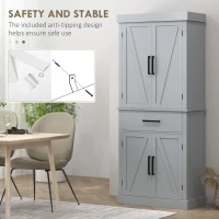 HOMCOM 72" Kitchen Storage Cabinet, Farmhouse Kitchen Pantry Cabinet with 4 Barn Doors, Drawer, Adjustable Shelves, Grey(m-7)