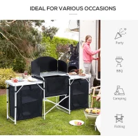 Outsunny Folding Camping Kitchen Table with Carrying Bag, Windscreen and 3 Enclosed Cupboards, Aluminum Cook Station, Black(m-7)