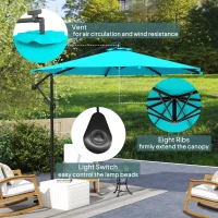 Outsunny 10ft Outdoor Cantilever Umbrella Banana Umbrella with Solar Lights and Adjustable Angle for Patio Backyard Turquoise(m-6)