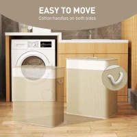 HOMCOM Double Laundry Basket with Lid, 26.4 Gallon Bamboo Laundry Hamper with Rope Handles and Removable Liner, Natural(m-6)