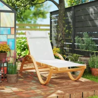 Outsunny Larch Wood Lounge Chair, 4-Level Adjustable Tanning Chair, Full Flat Patio Lounger with Mesh Seat, Cream White(m-9)