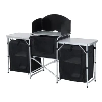 Outsunny Folding Camping Kitchen Table with Carrying Bag, Windscreen and 3 Enclosed Cupboards, Aluminum Cook Station, Black(m-2)