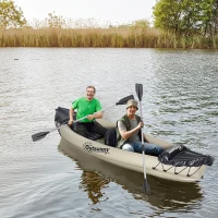 Outsunny K2 Kayak, 2 Person Inflatable Kayak, Includes Paddles, Aluminum Oars, Repair Kit, Portable Tandem Blow Up Boat, Beige(m-2)
