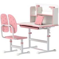 Qaba Adjustable Height Kids Desk and Chair Set, Kids Study Table and Chair with Tilt Desktop, Drawer, Reading Rack, Pink(m-2)