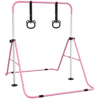 Qaba Kids Gymnastics Bar, Adjustable Height Folding Horizontal Bar with Gymnastics Rings, Non-slip Rubber Floor Rings, Pink(m-2)