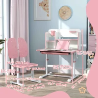 Qaba Adjustable Height Kids Desk and Chair Set, Kids Study Table and Chair with Tilt Desktop, Drawer, Reading Rack, Pink(m-3)