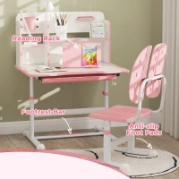 Qaba Adjustable Height Kids Desk and Chair Set, Kids Study Table and Chair with Tilt Desktop, Drawer, Reading Rack, Pink(m-7)