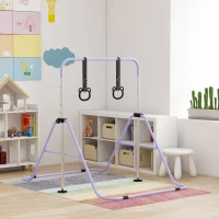 Qaba Kids Gymnastics Bar, Adjustable Height Folding Horizontal Bar with Gymnastics Rings, Non-slip Rubber Floor Rings, Purple(m-8)