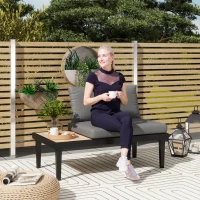 Outsunny 2 Seater Patio Sofa, Outdoor Sofa Couch with Wood Grain Side Tray and Cushions for Balcony, Backyard, Grey(m-1)