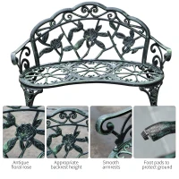 Outsunny 40" Outdoor Garden Bench, Cast Aluminum Antique Rose Style Patio Garden Park Loveseat Bench for Backyard, Porch, Balcony, Lawn, Green(m-5)