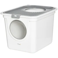 PawHut Covered Cat Litter Box, Easy Cleaning Kitty Litter Box with Front Entrance, Top Exit, Scoop, for Odor Control, White(m-1)