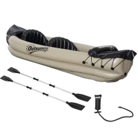 Outsunny K2 Kayak, 2 Person Inflatable Kayak, Includes Paddles, Aluminum Oars, Repair Kit, Portable Tandem Blow Up Boat, Beige(m-11)