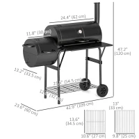Outsunny Portable Outdoor Charcoal BBQ Grill with Offset Smoker, Barbecue Grill with Spacious Cooking Area, 2 Shelves, Thermometer, Wheels for Patio Backyard Party, Black(m-3)