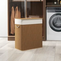 HOMCOM Double Laundry Basket with Lid, 26.4 Gallon Bamboo Laundry Hamper with Rope Handles and Removable Liner, Brown(m-10)