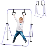 Qaba Kids Gymnastics Bar, Adjustable Height Folding Horizontal Bar with Gymnastics Rings, Non-slip Rubber Floor Rings, Purple(m-11)