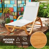 Outsunny Larch Wood Lounge Chair, 4-Level Adjustable Tanning Chair, Full Flat Patio Lounger with Mesh Seat, Cream White(m-7)