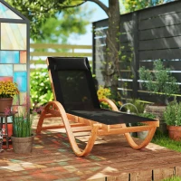 Outsunny Larch Wood Lounge Chair, 4-Level Adjustable Tanning Chair, Full Flat Patio Lounger with Mesh Seat, Black(m-9)