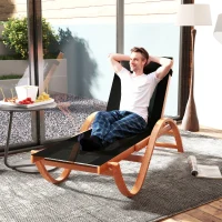 Outsunny Larch Wood Lounge Chair, 4-Level Adjustable Tanning Chair, Full Flat Patio Lounger with Mesh Seat, Black(m-8)