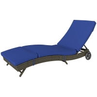 Outsunny Patio Wicker Chaise Lounge Chair, Outdoor PE Rattan Sun lounger with Adjustable Backrest and 2 Wheels, Dark Blue
