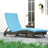 Outsunny Patio Wicker Chaise Lounge Chair, Outdoor PE Rattan Sun lounger with Adjustable Backrest and 2 Wheels, Sky Blue(m-8)