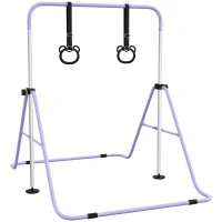 Qaba Kids Gymnastics Bar, Adjustable Height Folding Horizontal Bar with Gymnastics Rings, Non-slip Rubber Floor Rings, Purple(m-2)