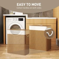 HOMCOM Double Laundry Basket with Lid, 26.4 Gallon Bamboo Laundry Hamper with Rope Handles and Removable Liner, Brown(m-6)