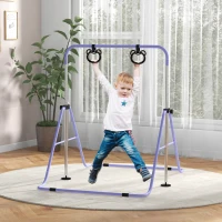 Qaba Kids Gymnastics Bar, Adjustable Height Folding Horizontal Bar with Gymnastics Rings, Non-slip Rubber Floor Rings, Purple(m-1)
