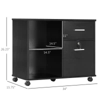 Vinsetto Lateral File Cabinet with Wheels, Mobile Printer Stand with Open Shelves and Drawers for A4 Size Documents, Black(m-3)