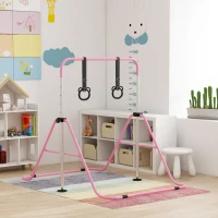Qaba Kids Gymnastics Bar, Adjustable Height Folding Horizontal Bar with Gymnastics Rings, Non-slip Rubber Floor Rings, Pink(m-8)